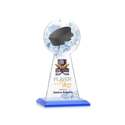 Corporate Awards - Crystal Awards - Crystal Pillar Awards - Edenwood Hockey Full Color Sky Blue Obelisk Crystal Award