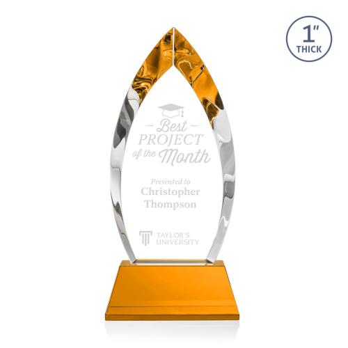 Corporate Awards - Glass Awards - Colored Glass Awards - Marinello Amber on Base Arch & Crescent Crystal Award