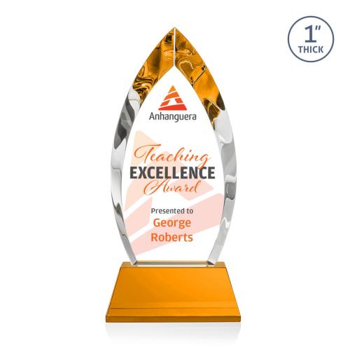 Corporate Awards - Glass Awards - Colored Glass Awards - Marinello Full Color Amber on Base Arch & Crescent Crystal Award