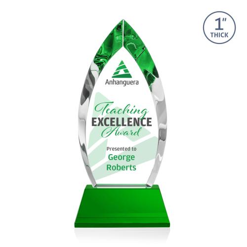 Corporate Awards - Glass Awards - Colored Glass Awards - Marinello Full Color Green on Base Arch & Crescent Crystal Award