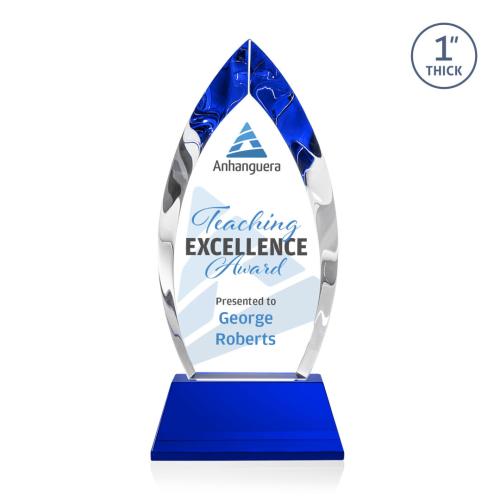 Corporate Awards - Glass Awards - Colored Glass Awards - Marinello Full Color Blue on Base Arch & Crescent Crystal Award
