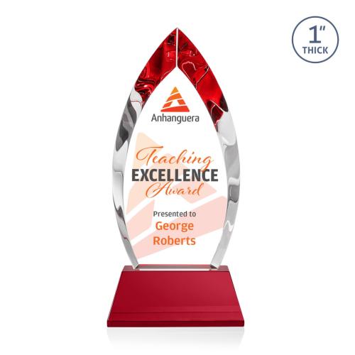 Corporate Awards - Crystal Awards - Colored Crystal - Red Crystal Awards - Marinello Full Color Red on Base Arch & Crescent Crystal Award
