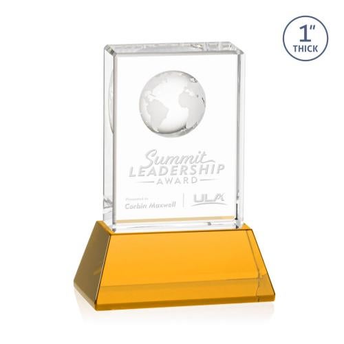 Corporate Awards - Glass Awards - Colored Glass Awards - Ambassador Globe Amber on Base Rectangle Crystal Award