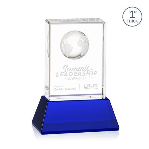 Corporate Awards - Glass Awards - Colored Glass Awards - Ambassador Globe Blue on Base Rectangle Crystal Award