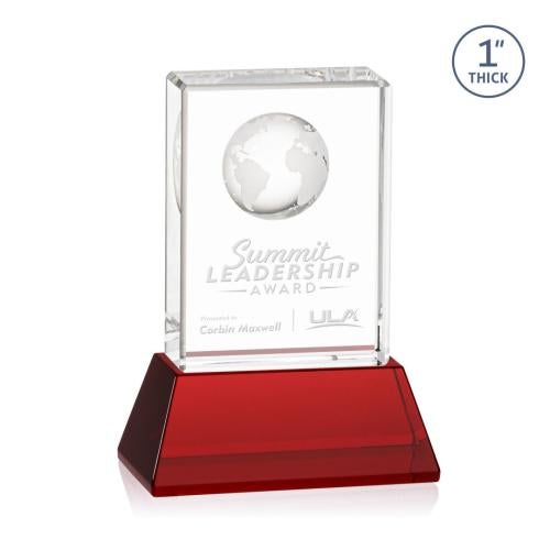 Corporate Awards - Crystal Awards - Colored Crystal - Red Crystal Awards - Ambassador Globe Red on Base Rectangle Crystal Award