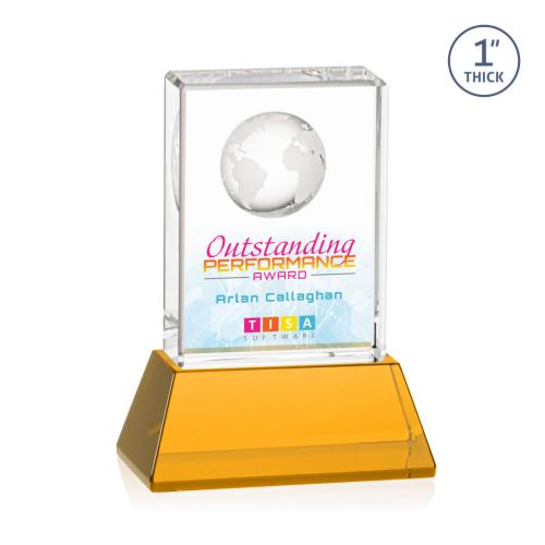 Corporate Awards - Glass Awards - Colored Glass Awards - Ambassador Full Color Amber on Base Rectangle Crystal Award