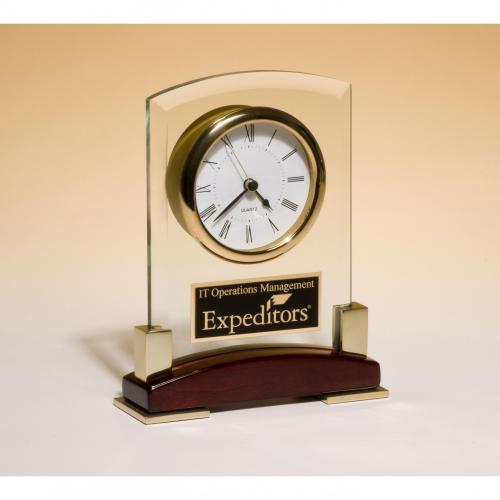 Corporate Gifts, Recognition Gifts and Desk Accessories - Clocks - Glass Desktop Clock on Rosewood Base