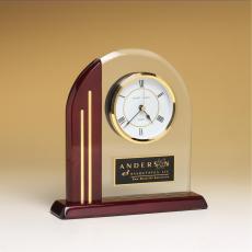 Employee Gifts - Arched Glass Clock with Rosewood Base & Side Post with Gold Accents