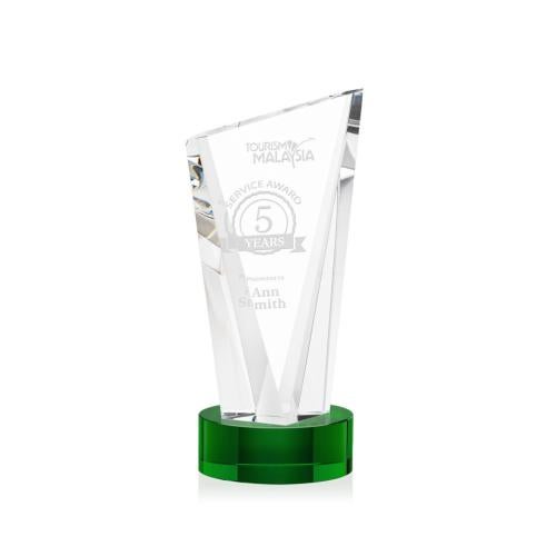 Corporate Awards - Glass Awards - Colored Glass Awards - Plymouth Green on Stanrich Base Peak Crystal Award