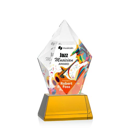 Corporate Awards - Glass Awards - Colored Glass Awards - Devron Full Color Amber on Base Crystal Award