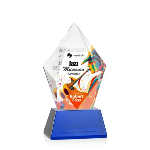 Corporate Awards - Glass Awards - Colored Glass Awards - Devron Full Color Blue on Base Crystal Award
