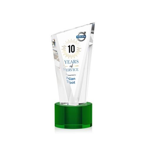Corporate Awards - Glass Awards - Colored Glass Awards - Plymouth Full Color Green on Marvel Base Peak Crystal Award