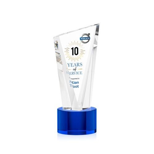 Corporate Awards - Glass Awards - Colored Glass Awards - Plymouth Full Color Blue on Marvel Base Peak Crystal Award