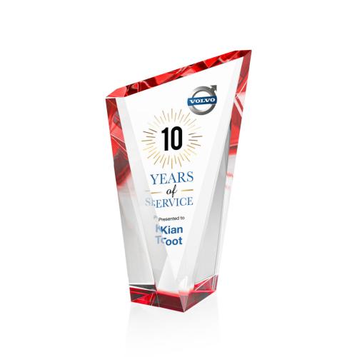 Corporate Awards - Crystal Awards - Colored Crystal - Red Crystal Awards - Plymouth Full Color Red Peak Crystal Award