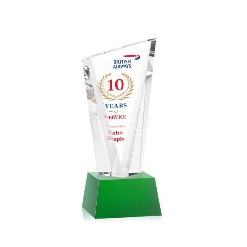 Corporate Awards - Glass Awards - Colored Glass Awards - Plymouth Full Color Green on Robson Base Peak Crystal Award