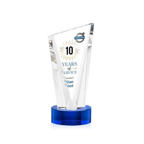 Corporate Awards - Glass Awards - Colored Glass Awards - Plymouth Full Color Blue on Stanrich Base Peak Crystal Award