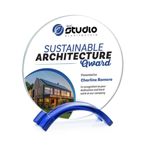 Corporate Awards - Glass Awards - Colored Glass Awards - Holton Full Color Blue Circle Crystal Award