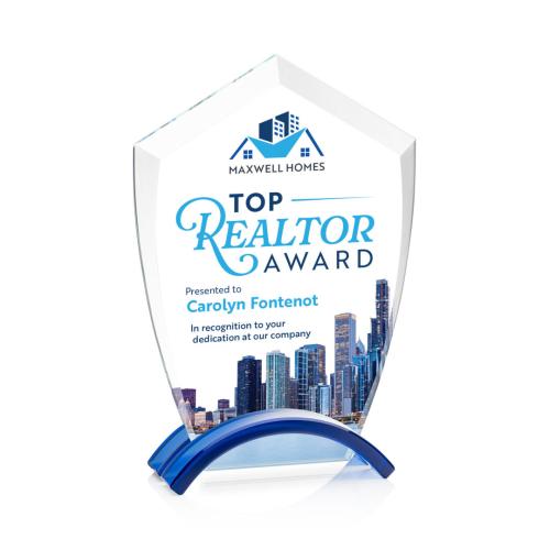 Corporate Awards - Glass Awards - Colored Glass Awards - Pullman Full Color Blue Arch & Crescent Crystal Award