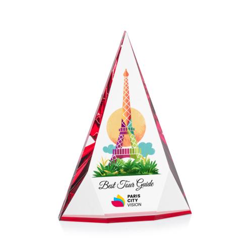 Corporate Awards - Crystal Awards - Colored Crystal - Red Crystal Awards - Rochester Full Color Red Pyramid Crystal Award