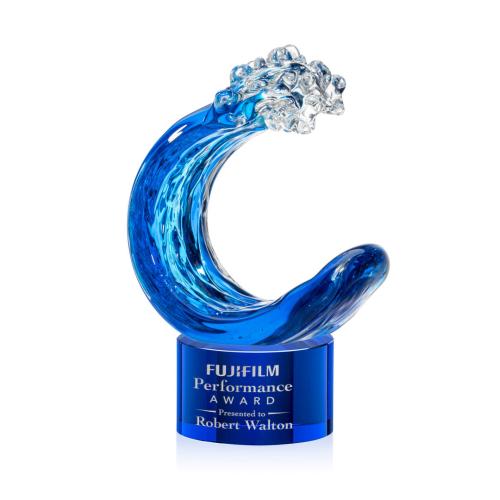 Corporate Awards - Glass Awards - Art Glass Awards - Oceana Blue on Marvel Base Circle Glass Award