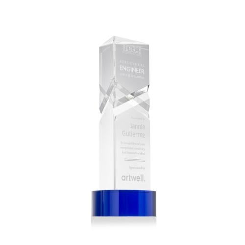 Corporate Awards - Crystal Awards - Oakham Blue on Stanrich Blue Obelisk Crystal Award