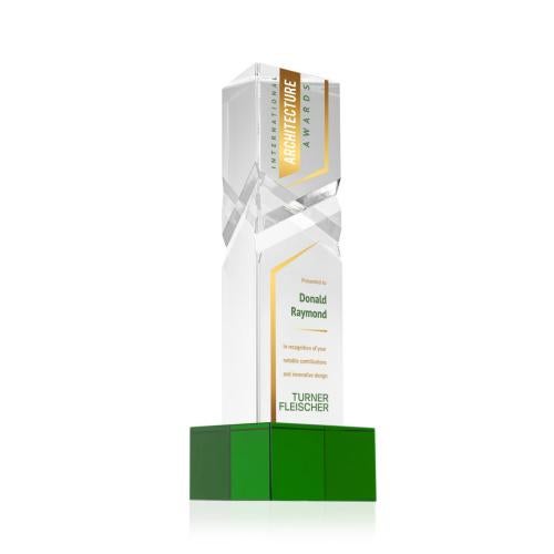 Corporate Awards - Crystal Awards - Oakham Full Color Green on Hancock Base Obelisk Crystal Award