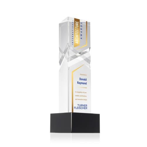 Corporate Awards - Crystal Awards - Oakham Full Color Black on Hancock Base Obelisk Crystal Award