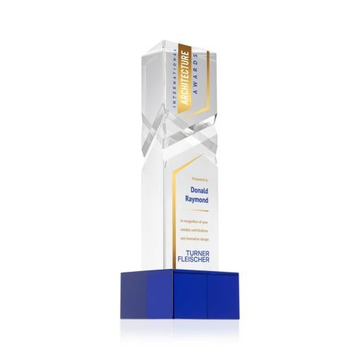 Corporate Awards - Crystal Awards - Oakham Full Color Blue on Hancock Base Obelisk Crystal Award