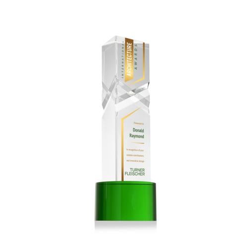 Corporate Awards - Crystal Awards - Oakham Full Color Green on Marvel Base Obelisk Crystal Award