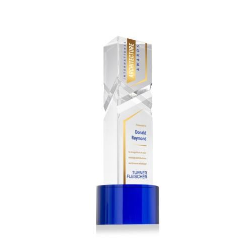 Corporate Awards - Crystal Awards - Oakham Full Color Blue on Marvel Base Obelisk Crystal Award