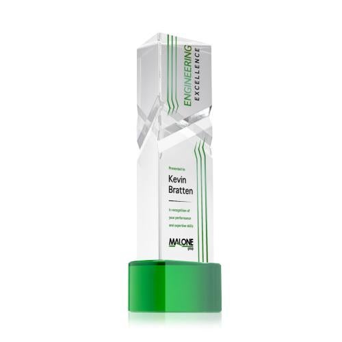 Corporate Awards - Crystal Awards - Oakham Full Color Green on Paragon Base Obelisk Crystal Award