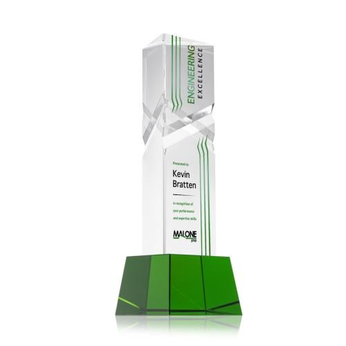 Corporate Awards - Crystal Awards - Oakham Full Color Green on Robson Base Obelisk Crystal Award