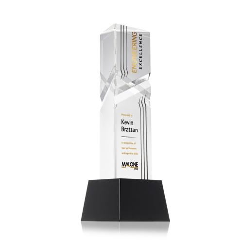 Corporate Awards - Crystal Awards - Oakham Full Color Black on Robson Base Obelisk Crystal Award