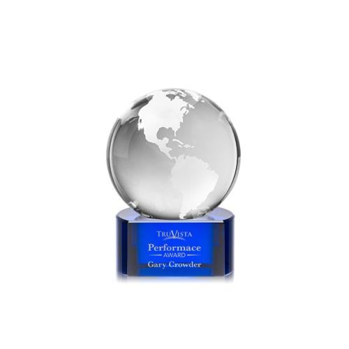 Corporate Awards - Crystal Awards - Globe Blue on Paragon Base Spheres Crystal Award