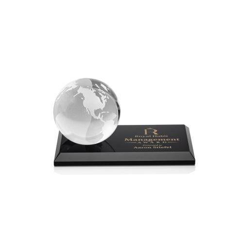 Corporate Awards - Crystal Awards - Globe Black on Rectangle Base Spheres Crystal Award