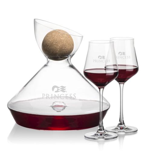 Corporate Recognition Gifts - Etched Barware - Woodbury Carafe w/Cork Stopper & Bretton Wine