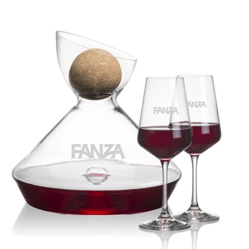 Corporate Recognition Gifts - Etched Barware - Woodbury Carafe w/Cork Stopper & Cannes Wine