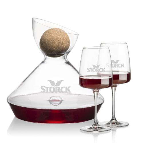 Corporate Recognition Gifts - Etched Barware - Woodbury Carafe w/Cork Stopper & Dunhill Wine