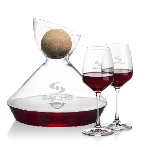 Corporate Recognition Gifts - Etched Barware - Woodbury Carafe w/Cork Stopper & Oldham Wine