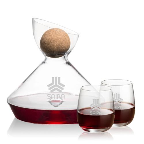 Corporate Recognition Gifts - Etched Barware - Woodbury Carafe w/Cork Stopper & Crestview Stemless Wine