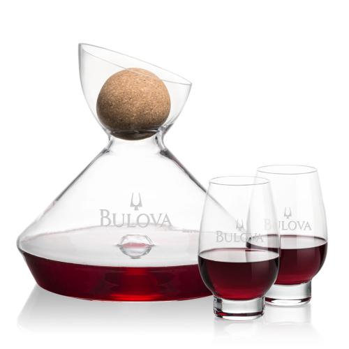Corporate Recognition Gifts - Etched Barware - Woodbury Carafe w/Cork Stopper & Glenarden Stemless Wine