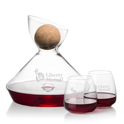 Corporate Recognition Gifts - Etched Barware - Woodbury Carafe w/Cork Stopper & Hogarth Stemless Wine