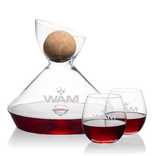 Corporate Recognition Gifts - Etched Barware - Woodbury Carafe w/Cork Stopper & Redmond Stemless Wine
