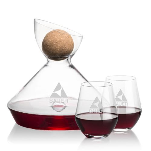 Corporate Recognition Gifts - Etched Barware - Woodbury Carafe w/Cork Stopper & Reina Stemless Wine