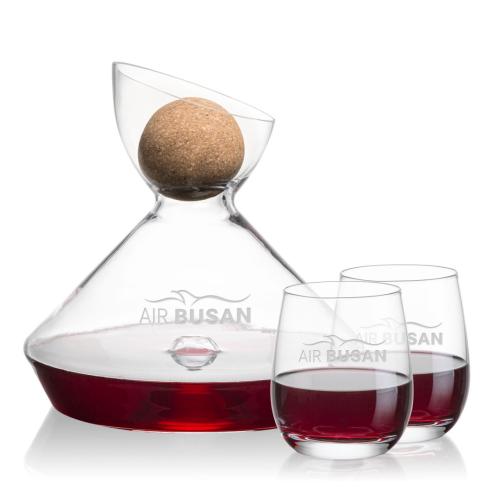 Corporate Recognition Gifts - Etched Barware - Woodbury Carafe w/Cork Stopper & Salem Stemless Wine