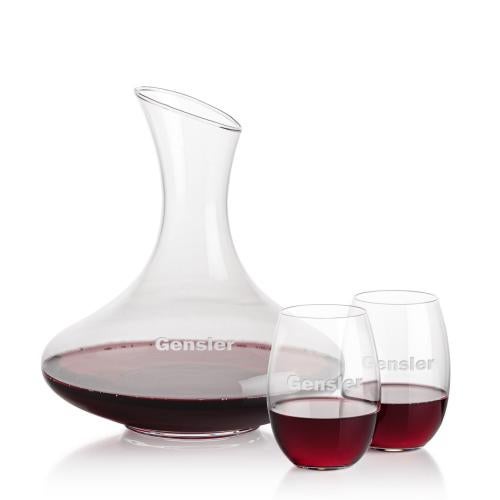 Corporate Recognition Gifts - Etched Barware - Innisfil Carafe & Carlita Stemless Wine