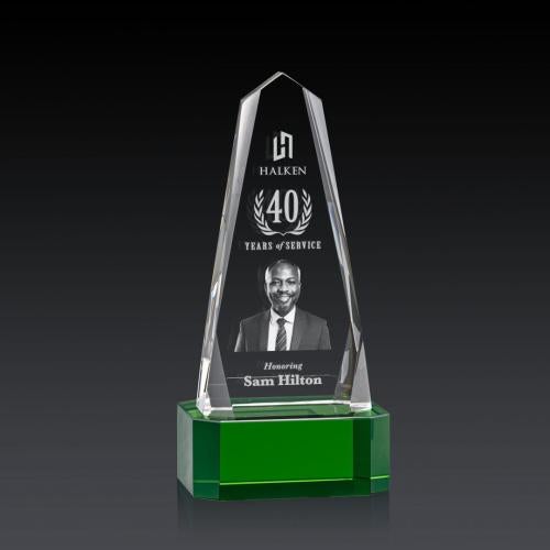 Corporate Awards - Crystal Awards - Geneva 3D Green on Base Obelisk Crystal Award