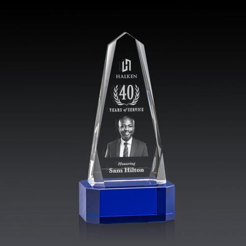 Corporate Awards - Crystal Awards - Geneva 3D Blue on Base Obelisk Crystal Award