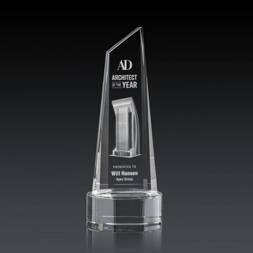 Corporate Awards - Crystal Awards - Akron Tower 3D Clear on Base Obelisk Crystal Award