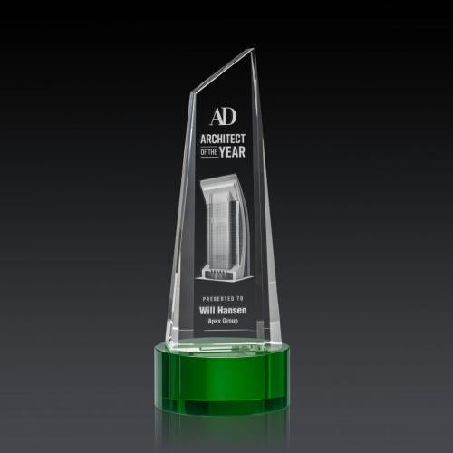 Corporate Awards - Crystal Awards - Akron Tower 3D Green on Base Obelisk Crystal Award